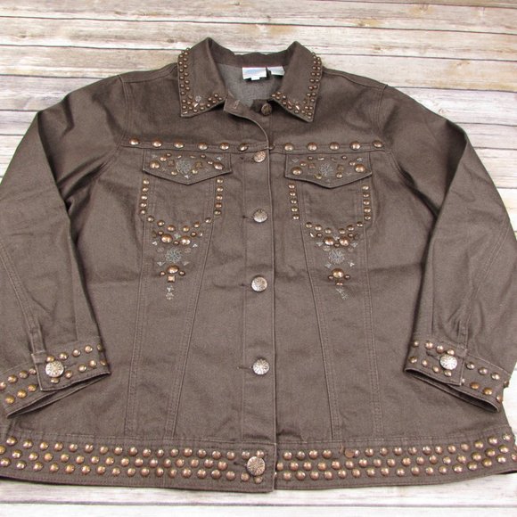 DG2 Embellished Brown Denim Jean Jacket L - Picture 2 of 9